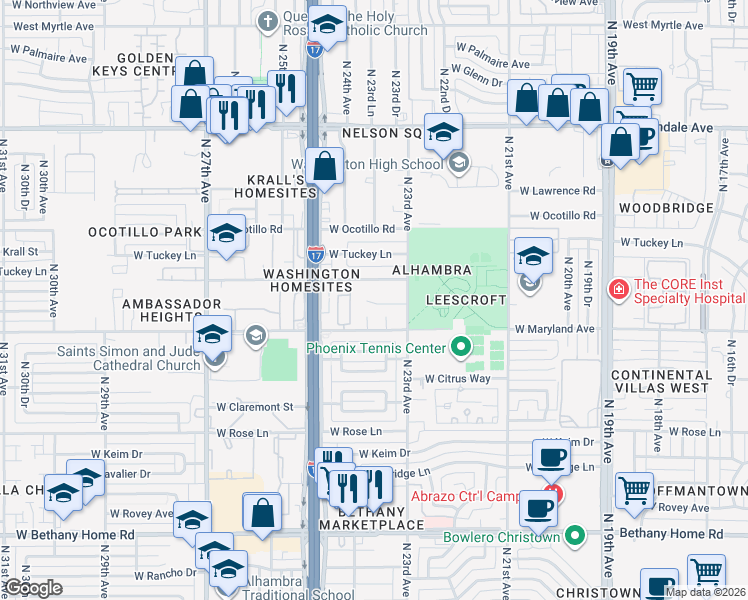 map of restaurants, bars, coffee shops, grocery stores, and more near 2338 West Sierra Vista Drive in Phoenix