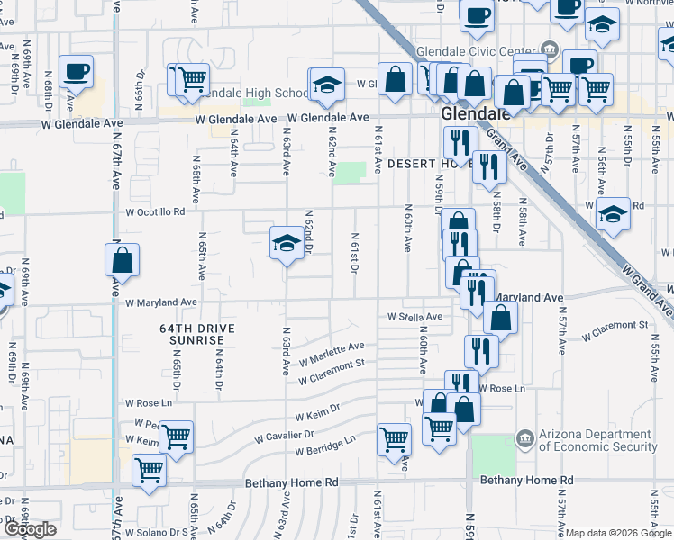 map of restaurants, bars, coffee shops, grocery stores, and more near 6531 North 62nd Avenue in Glendale