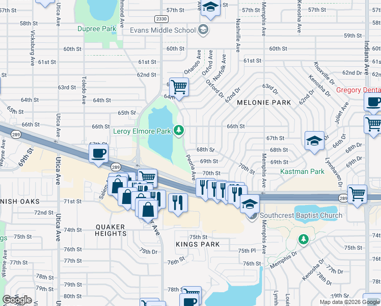 map of restaurants, bars, coffee shops, grocery stores, and more near 4203 68th Street in Lubbock