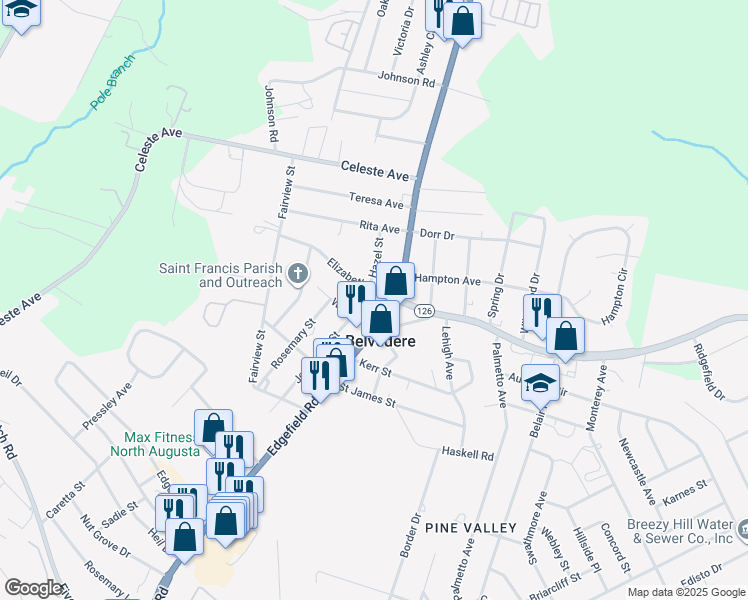 map of restaurants, bars, coffee shops, grocery stores, and more near 104 Elizabeth Avenue in Belvedere