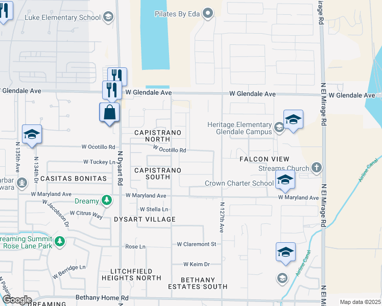 map of restaurants, bars, coffee shops, grocery stores, and more near 12823 West Ocotillo Road in Glendale