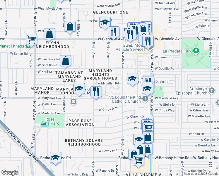 map of restaurants, bars, coffee shops, grocery stores, and more near 4571 West McLellan Road in Glendale