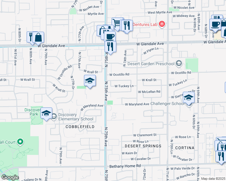 map of restaurants, bars, coffee shops, grocery stores, and more near 7438 West McLellan Road in Glendale