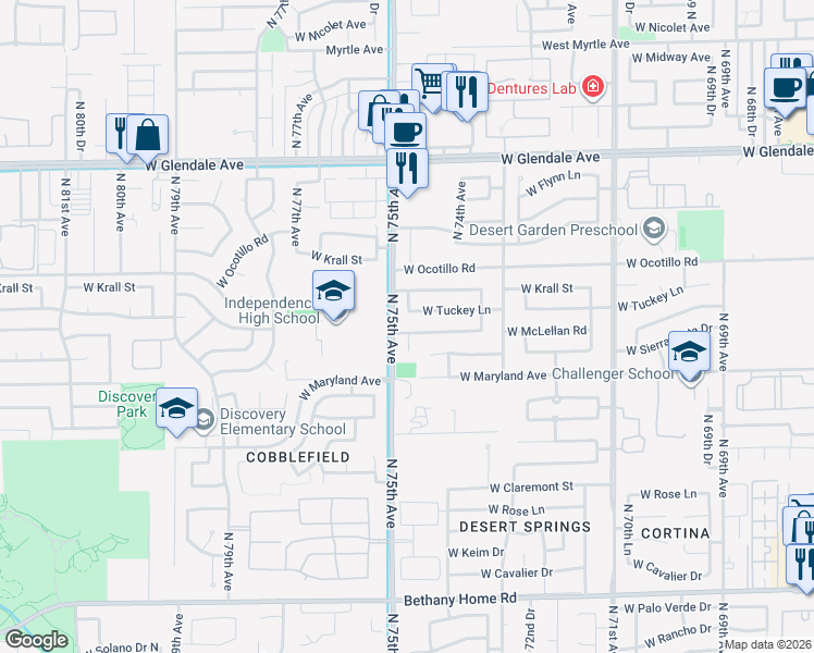 map of restaurants, bars, coffee shops, grocery stores, and more near 7450 West McLellan Road in Glendale