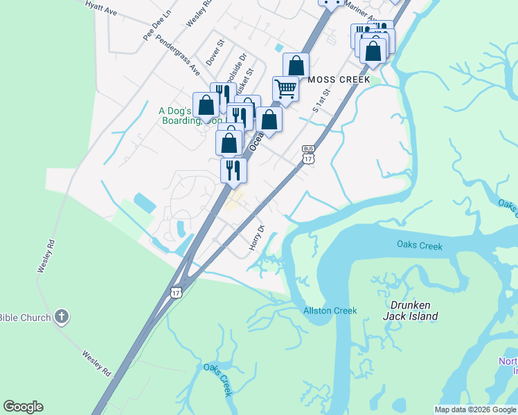map of restaurants, bars, coffee shops, grocery stores, and more near 5 Fish Shack Alley in Murrells Inlet