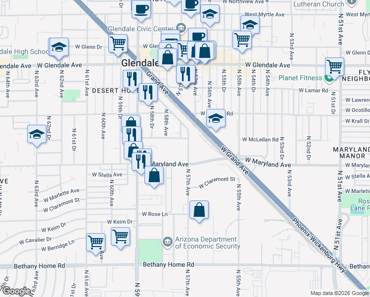 map of restaurants, bars, coffee shops, grocery stores, and more near 6534 North 57th Drive in Glendale