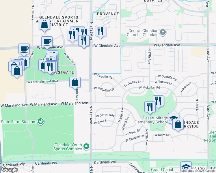 map of restaurants, bars, coffee shops, grocery stores, and more near 6615 North 90th Avenue in Glendale