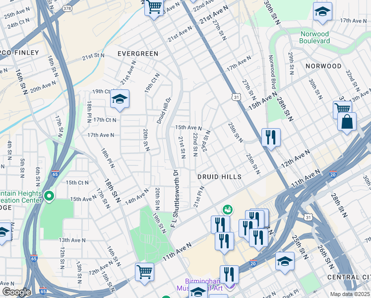 map of restaurants, bars, coffee shops, grocery stores, and more near 1435 21st Street North in Birmingham