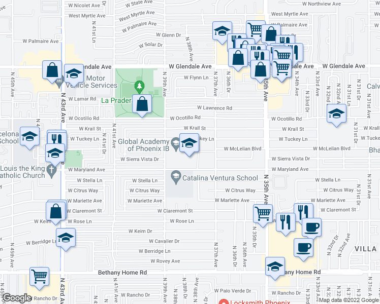 map of restaurants, bars, coffee shops, grocery stores, and more near 6615 North 39th Avenue in Phoenix