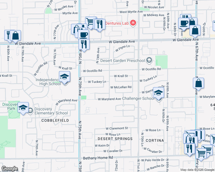 map of restaurants, bars, coffee shops, grocery stores, and more near 6548 North 73rd Avenue in Glendale