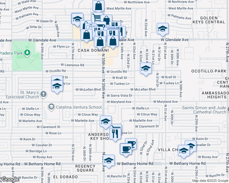 map of restaurants, bars, coffee shops, grocery stores, and more near 3415 West McLellan Boulevard in Phoenix