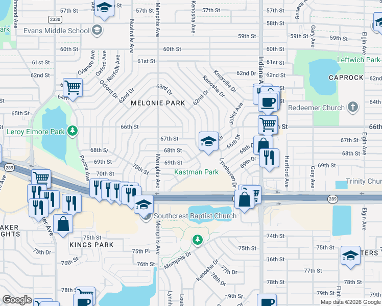 map of restaurants, bars, coffee shops, grocery stores, and more near 3614 68th Street in Lubbock