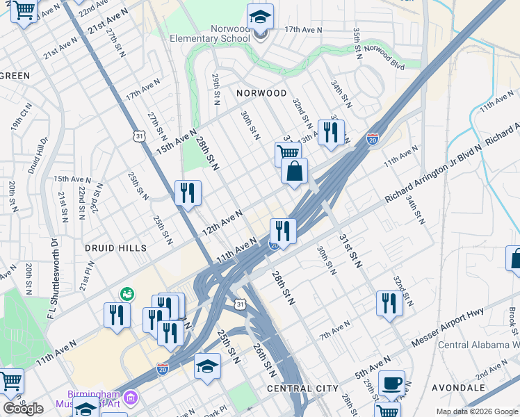 map of restaurants, bars, coffee shops, grocery stores, and more near 1128 29th Street North in Birmingham
