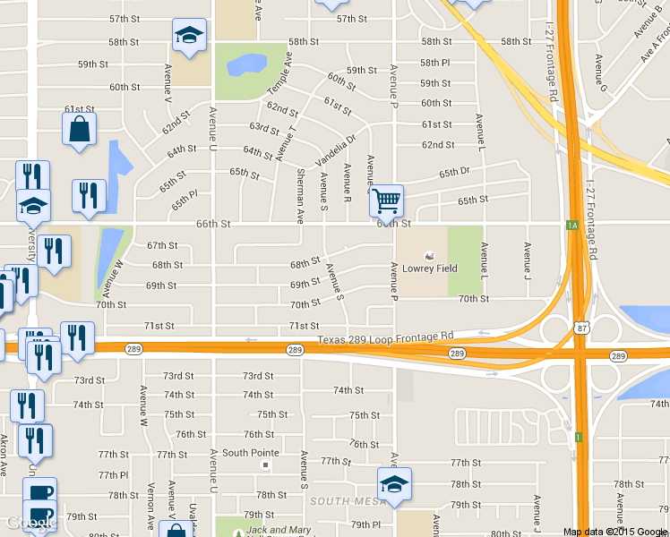 map of restaurants, bars, coffee shops, grocery stores, and more near 1628 69th St in Lubbock