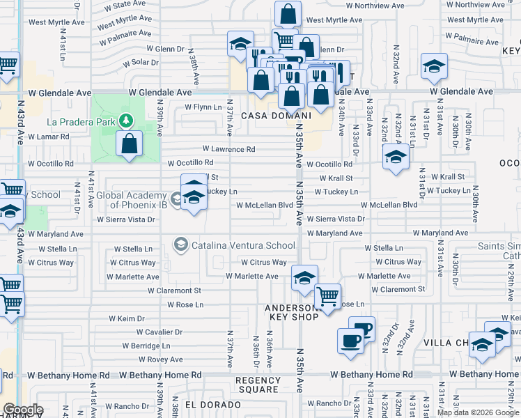 map of restaurants, bars, coffee shops, grocery stores, and more near 3613 West McLellan Boulevard in Phoenix
