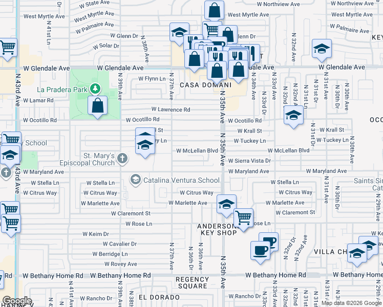 map of restaurants, bars, coffee shops, grocery stores, and more near 3613 West McLellan Boulevard in Phoenix