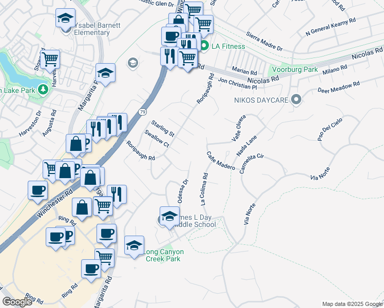 map of restaurants, bars, coffee shops, grocery stores, and more near 40108 Odessa Drive in Temecula