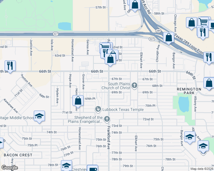 map of restaurants, bars, coffee shops, grocery stores, and more near 6806 Frankford Avenue in Lubbock