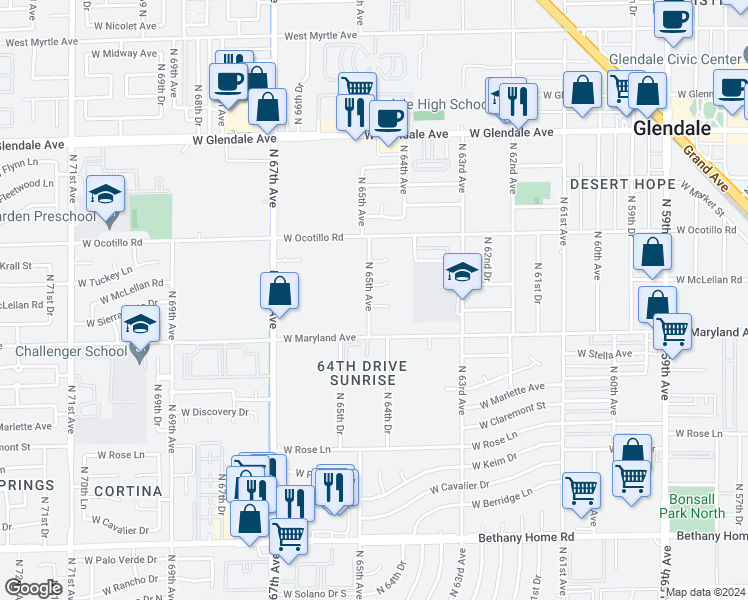 map of restaurants, bars, coffee shops, grocery stores, and more near 6533 North 65th Avenue in Glendale