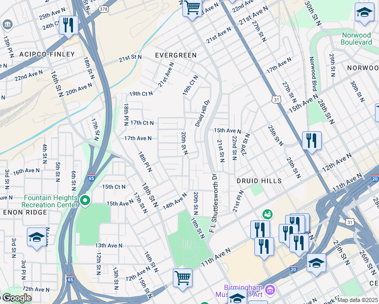 map of restaurants, bars, coffee shops, grocery stores, and more near 1527 20th Street North in Birmingham