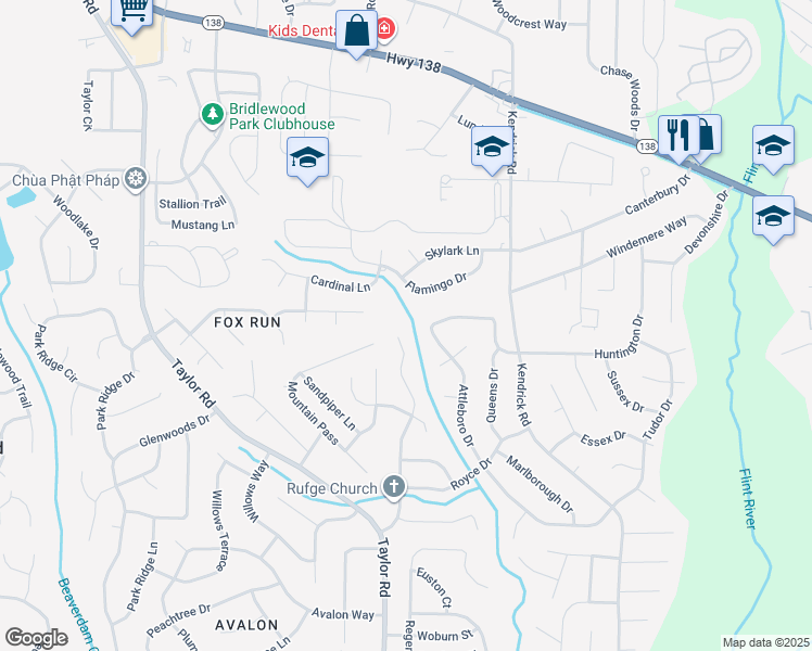 map of restaurants, bars, coffee shops, grocery stores, and more near 8138 Dunellen Ln in Jonesboro