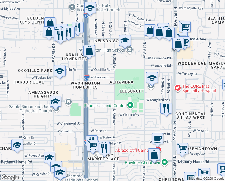 map of restaurants, bars, coffee shops, grocery stores, and more near 2310 West Sierra Vista Drive in Phoenix