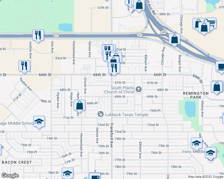 map of restaurants, bars, coffee shops, grocery stores, and more near 6514 68th Street in Lubbock