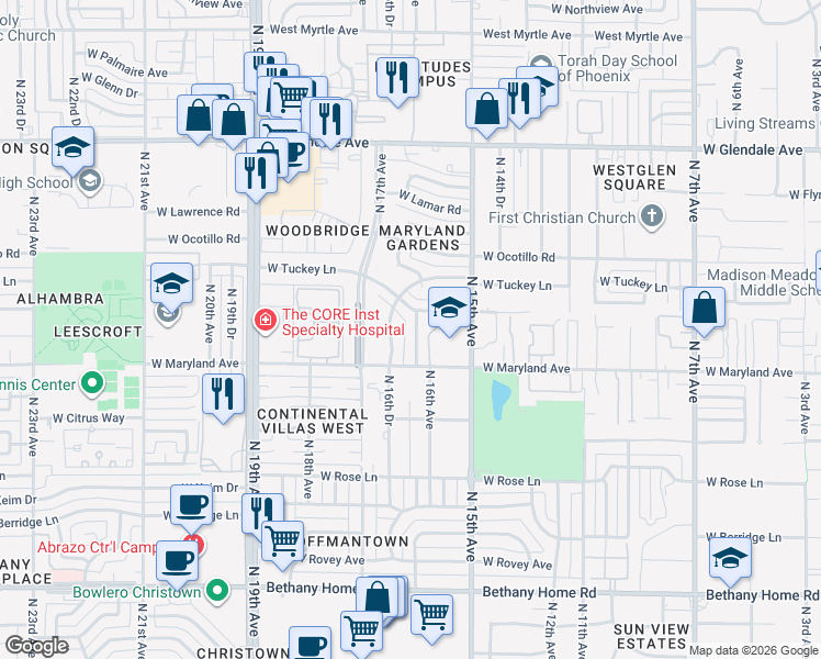 map of restaurants, bars, coffee shops, grocery stores, and more near 6532 North 16th Avenue in Phoenix