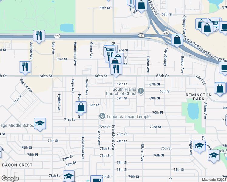 map of restaurants, bars, coffee shops, grocery stores, and more near 6802 Frankford Avenue in Lubbock
