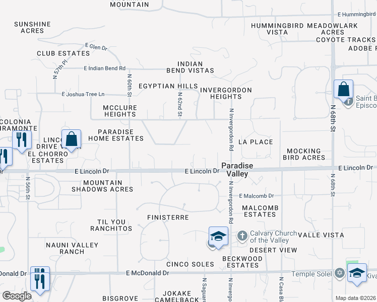 map of restaurants, bars, coffee shops, grocery stores, and more near 6214 East Lincoln Drive in Scottsdale