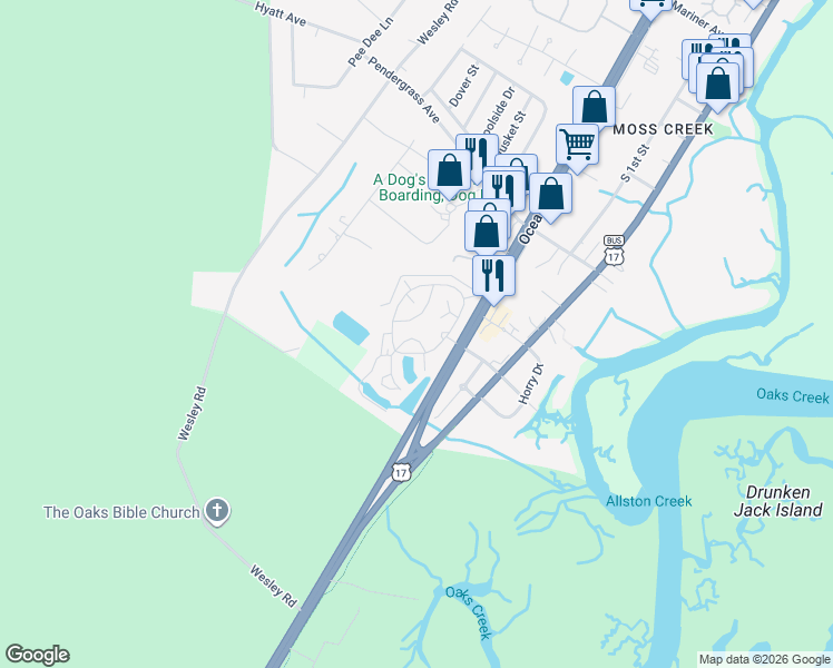 map of restaurants, bars, coffee shops, grocery stores, and more near 163 Dubose Loop in Murrells Inlet