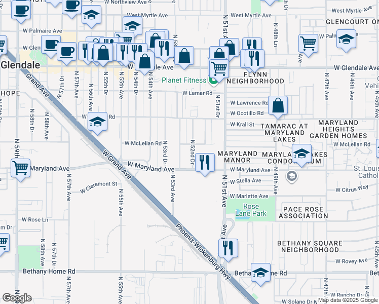 map of restaurants, bars, coffee shops, grocery stores, and more near 6534 North 52nd Drive in Glendale