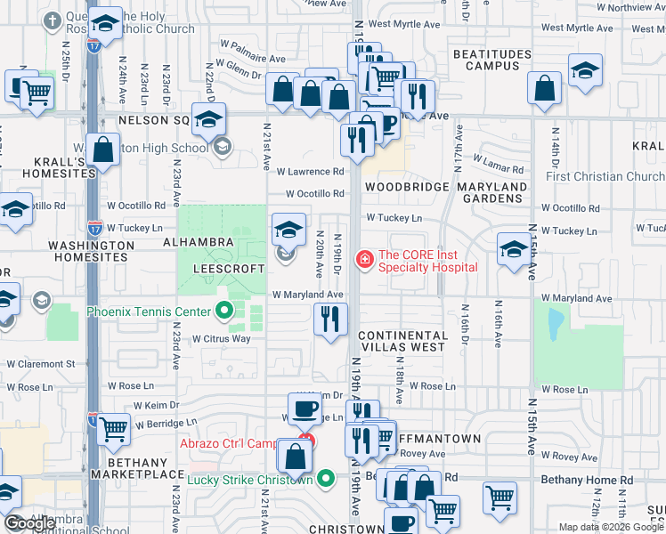 map of restaurants, bars, coffee shops, grocery stores, and more near 6533 North 20th Avenue in Phoenix