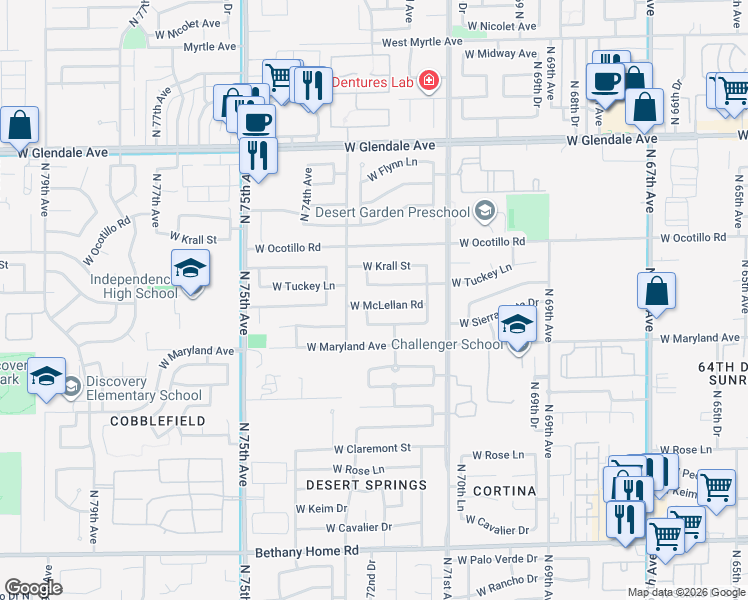 map of restaurants, bars, coffee shops, grocery stores, and more near 7222 West McLellan Road in Glendale