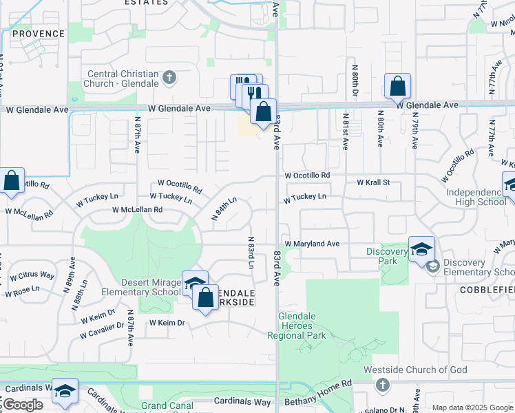 map of restaurants, bars, coffee shops, grocery stores, and more near 8322 West McLellan Road in Glendale