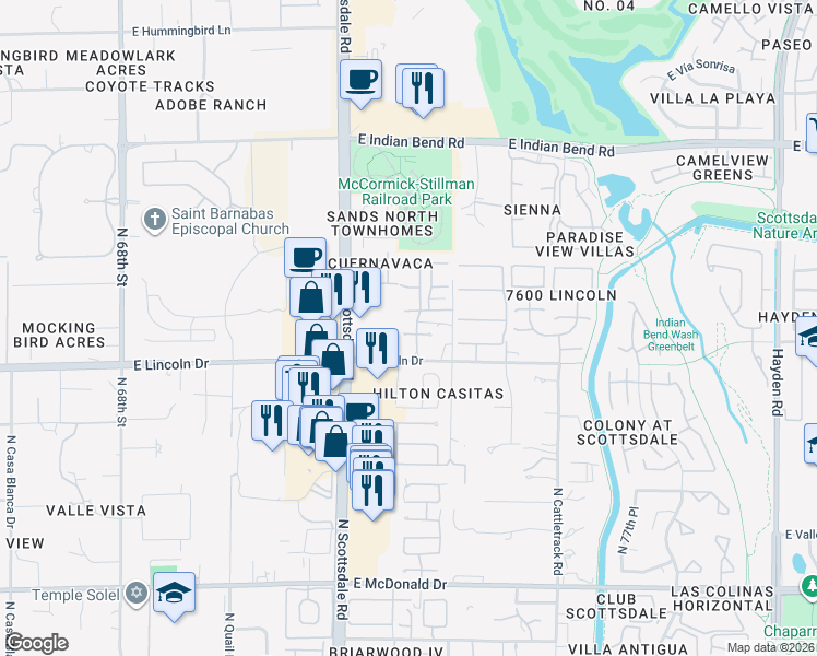 map of restaurants, bars, coffee shops, grocery stores, and more near 7340 East Sierra Vista Drive in Scottsdale