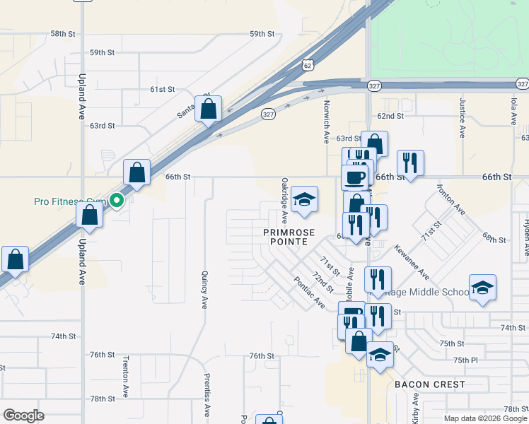 map of restaurants, bars, coffee shops, grocery stores, and more near 6816 67th Street in Lubbock