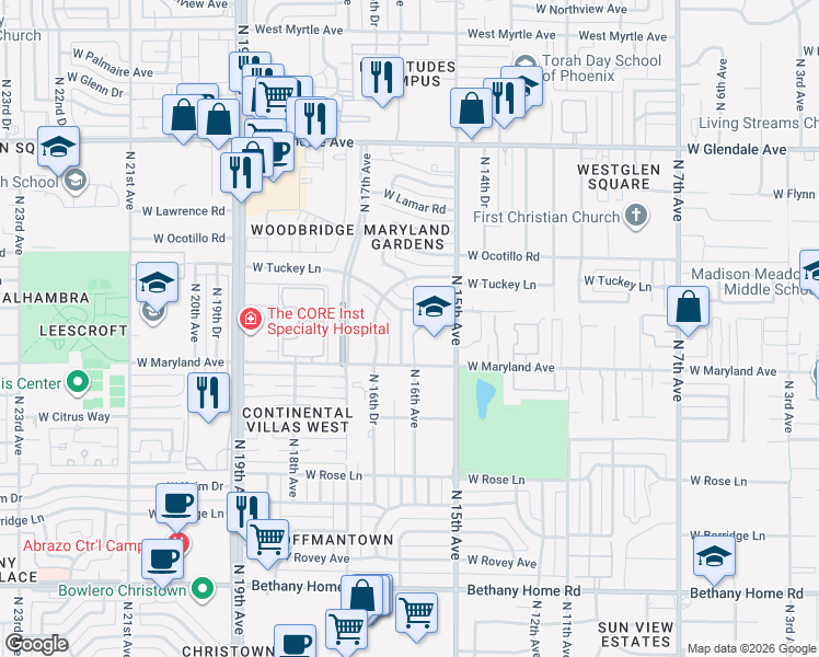 map of restaurants, bars, coffee shops, grocery stores, and more near 6532 North 16th Avenue in Phoenix