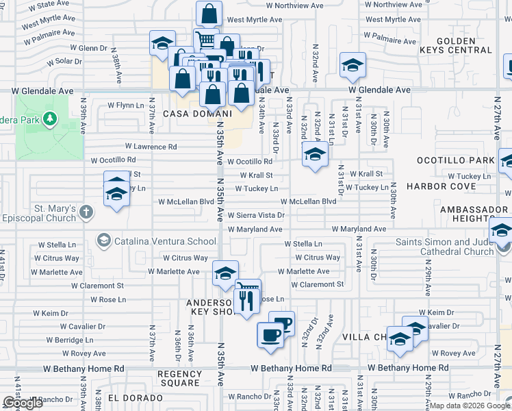 map of restaurants, bars, coffee shops, grocery stores, and more near 3415 West McLellan Boulevard in Phoenix