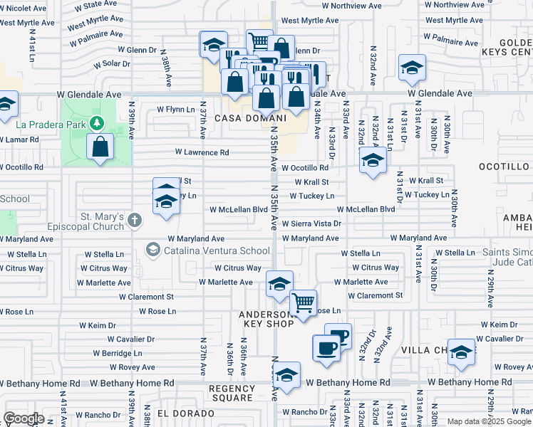 map of restaurants, bars, coffee shops, grocery stores, and more near 3519 West McLellan Boulevard in Phoenix