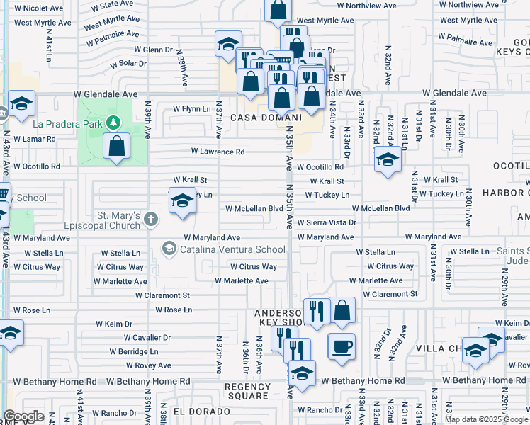 map of restaurants, bars, coffee shops, grocery stores, and more near 3519 West McLellan Boulevard in Phoenix