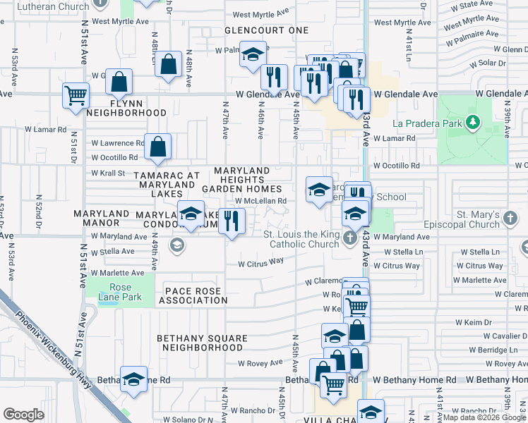 map of restaurants, bars, coffee shops, grocery stores, and more near 4571 West McLellan Road in Glendale