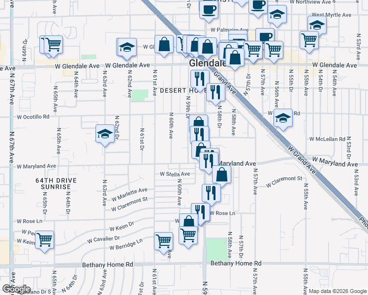 map of restaurants, bars, coffee shops, grocery stores, and more near 6532 North 59th Drive in Glendale