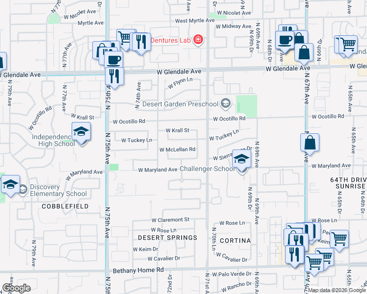 map of restaurants, bars, coffee shops, grocery stores, and more near 7130 West McLellan Road in Glendale