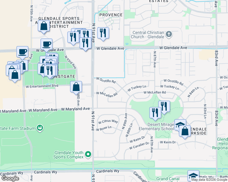 map of restaurants, bars, coffee shops, grocery stores, and more near 6615 North 90th Avenue in Glendale