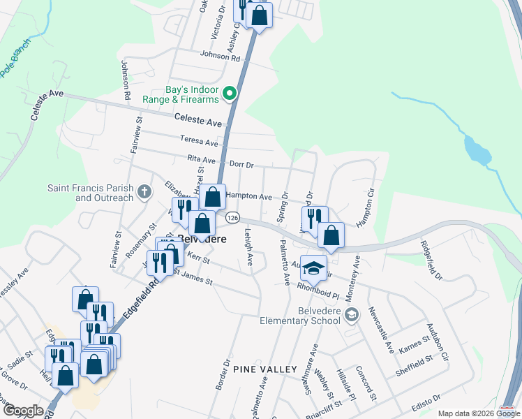 map of restaurants, bars, coffee shops, grocery stores, and more near 305 Hampton Avenue in North Augusta
