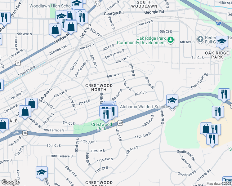 map of restaurants, bars, coffee shops, grocery stores, and more near 5620 8th Avenue South in Birmingham