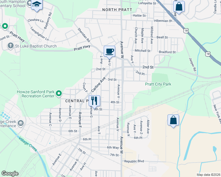 map of restaurants, bars, coffee shops, grocery stores, and more near 915 3rd Place in Birmingham
