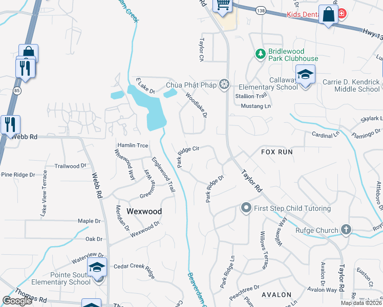 map of restaurants, bars, coffee shops, grocery stores, and more near 390 Park Ridge Cir in Riverdale
