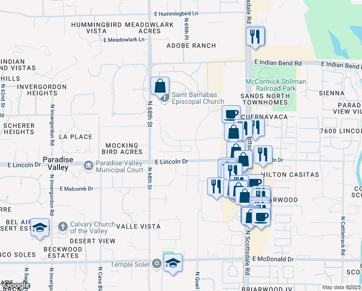 map of restaurants, bars, coffee shops, grocery stores, and more near 6609 North 69th Street in Paradise Valley